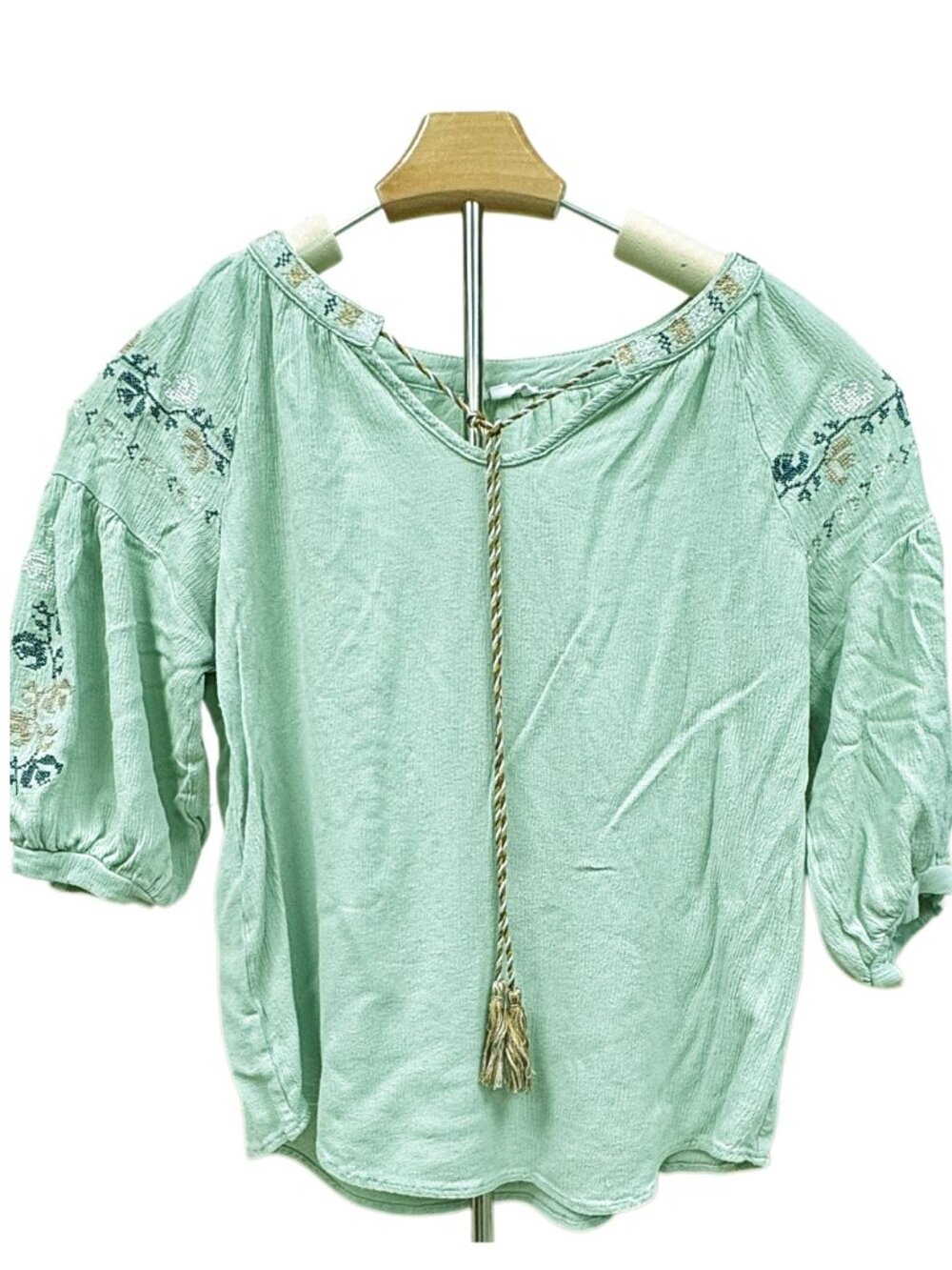 Sapphire Green Boho Top Emboidered Lightweight Peasant Blouse Floral V-neck MED
